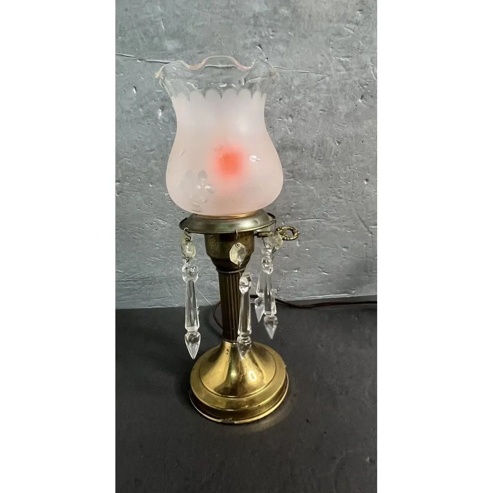 Vintage Astral Brass‎ Boudoir Lamp Crystal Prism Drops Glass Shade Electric